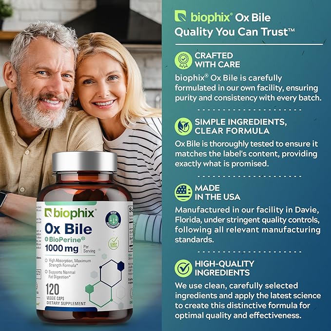 biophix Ox Bile 1000 mg with BioPerine 120 Veggie Capsules - High Absorption Digestive Enzymes Supplement - Liver Metabolic GI Fat Metabolism Support