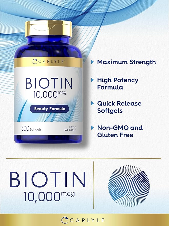 Carlyle Biotin 10000mcg | 300 Softgels | Max Strength | Non-GMO, Gluten Free Supplement