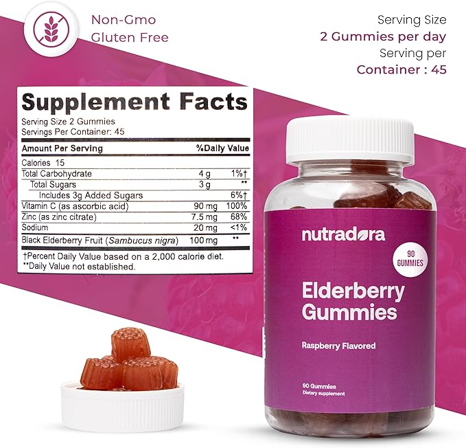 Elderberry Gummies for Adults – Organic Elderberry Gummies with Zinc and Vitamin C for Immune Support, Lessen Stress, & Protect Heart, Raspberry Flavor Formulated in USA, 90 Gummies
