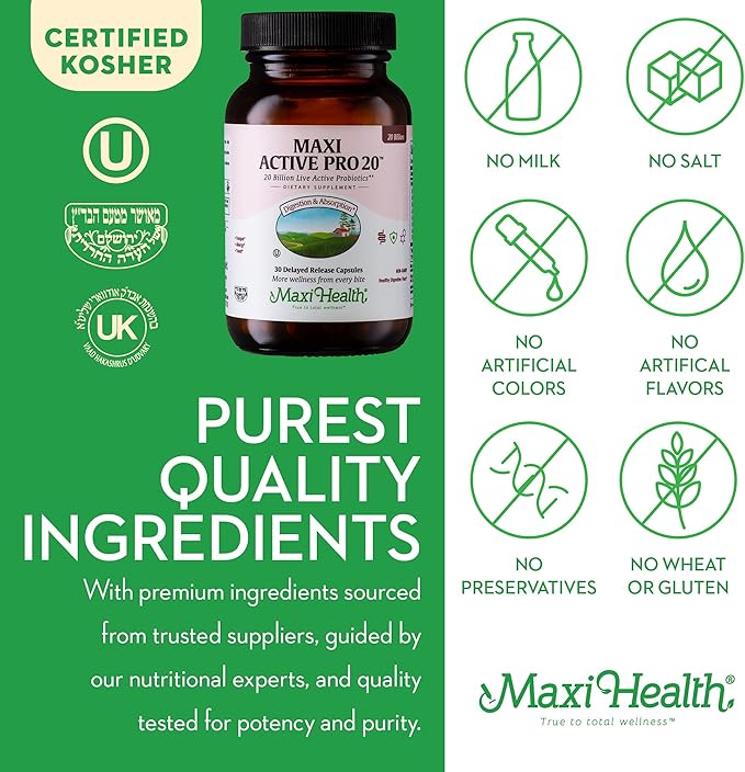 Maxi Health Probiotics for Digestive Health and Gut – 15 Strains, 20 Billion CFU Active Organisms - Probiotics for Men and Women – Daily Probiotic for Digestive Support, 30 Capsules