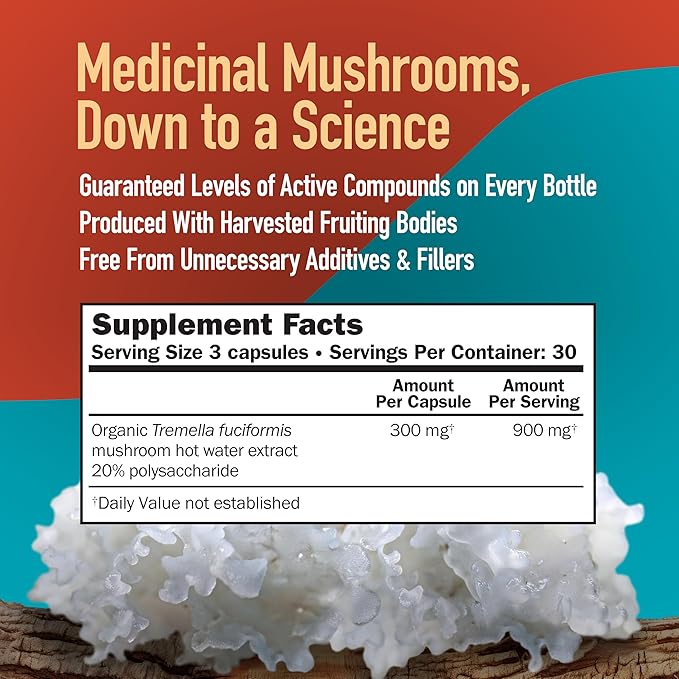 MushroomScience Tremella Mushroom Capsules, Full Spectrum Extract, Healthy Skin & Nails Support, Natural Mushroom Supplement for Adults, Hot Water Extracted Mushrooms, Vegetarian, 300MG, 90 Count