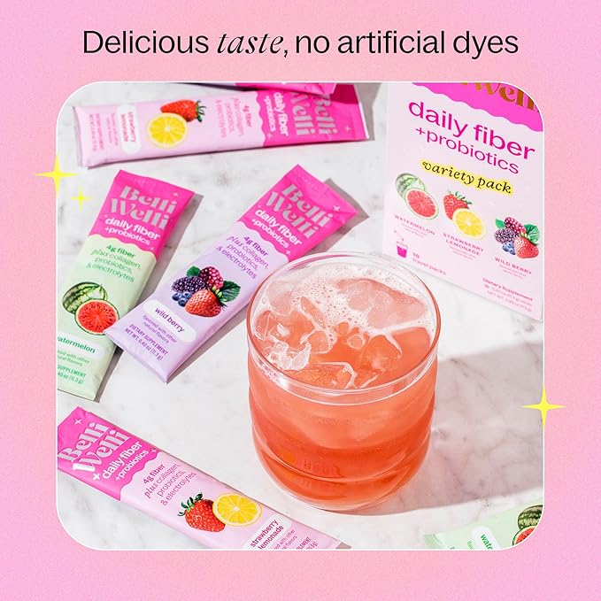 Daily Fiber Supplement Packets with Collagen, Probiotics & Electrolytes | Single Serve Travel Packets for Gut Health, Digestion & Debloating | Watermelon | 10 Count