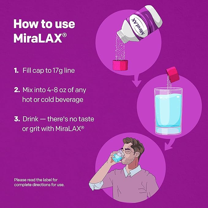 MiraLAX Gentle Constipation Relief Laxative Powder with Stirrer, Stool Softener with PEG 3350, No Harsh Side Effects, Osmotic Laxative, 1 Doctor & OBGYN Recommended, 14 Dose