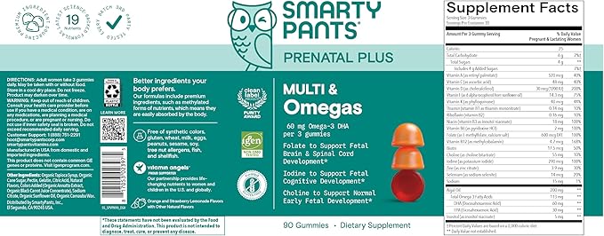 SmartyPants Prenatal Multivitamin Gummies - Improved Formula: Omega 3 (DHA/EPA), Methylfolate, Biotin, Vitamin D3, C, Vitamin B12, B6, Vitamin A, K & Zinc, Gluten Free, 90 Count (30 Day Supply)