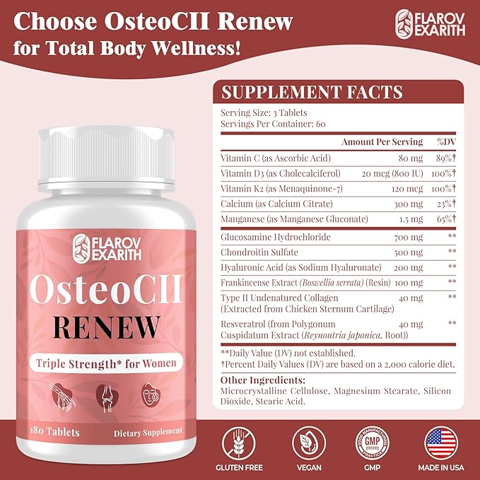 Joint Supplements for Women OsteoCII Renew Triple Strength – Advanced Joint, Bone & Skin Formula – Collagen, Glucosamine, Chondroitin, Calcium, MK-7, Vitamin D3, Hyaluronic Acid, 180 Tablets