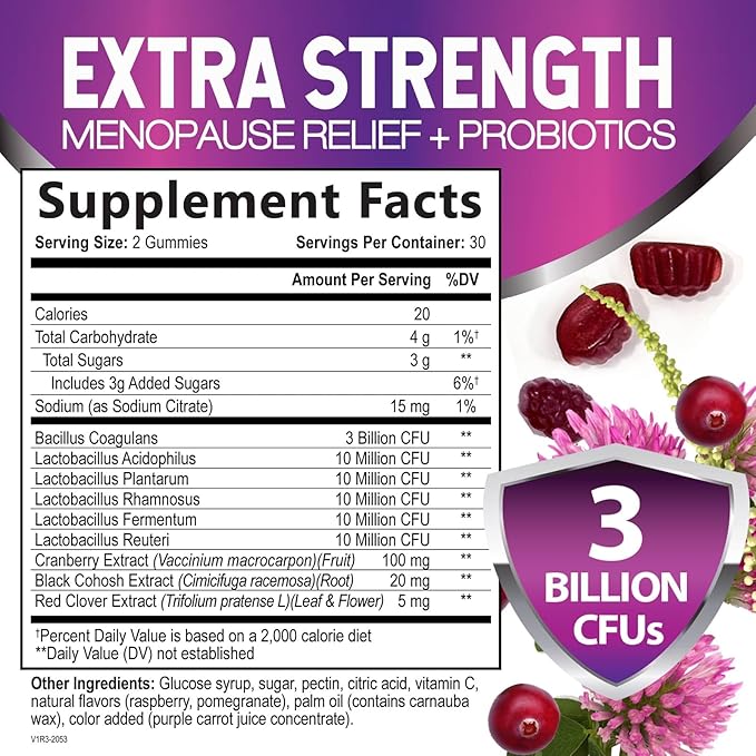 Menopause Supplements for Women - Probiotic for Women Gummy, 3 Billion CFU Natural Menopause Relief for Mild Hot Flashes & Night Sweats, PH, Vaginal Health Support, Probiotic Supplement - 60 Gummies