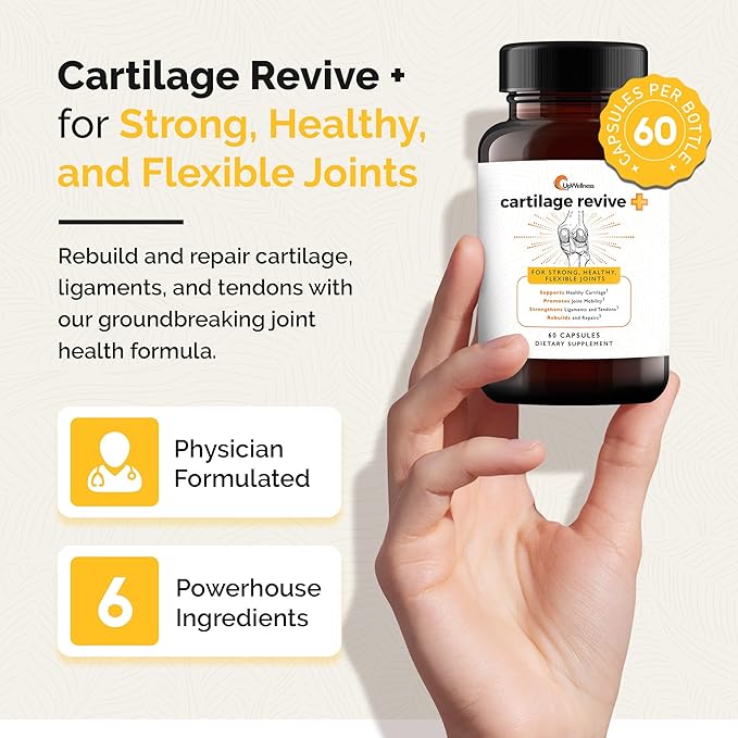 Cartilage Revive + Joint Support Supplement for Men and Women for Strong, Flexible Joints - Powered by D-Glucosamine Sulfate, MSM, Vitamin D3, Vitamin C and More - 60 Capsules