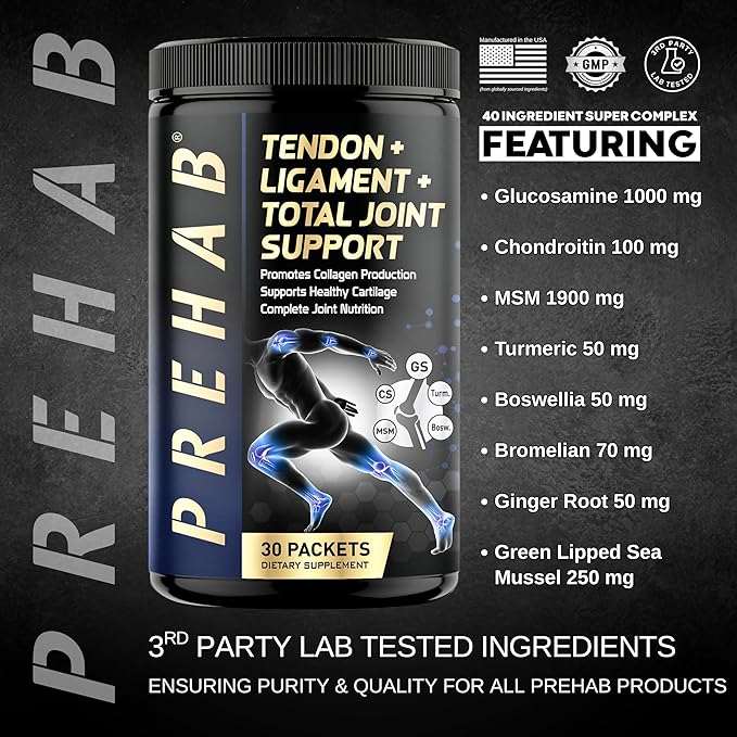 PREHAB Tendon + Ligament + Total Joint Support | Joint Supplement for Athletes | 40 Ingredient Super Complex | Glucosamine Chondroitin MSM Turmeric Boswellia | Premium Tendon Ligament Joint Supplement