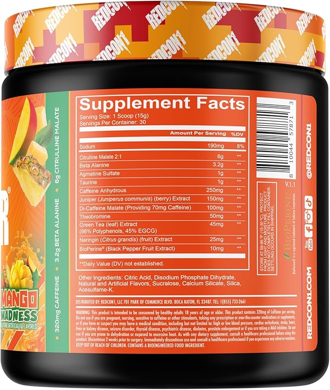 REDCON1 Total War Pre Workout Powder, Mango Madness - Fast Acting Caffeinated Preworkout for Men + Women with Beta Alanine - Contains Citrulline Malate for Increased Pump, Blood Flow (30 Servings)