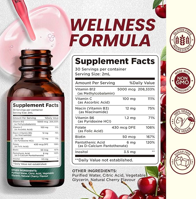 Vitamin B12 Complex 5000 mcg | Vegan B12 Liquid Drops Sublingual Supplement | Methylcobalamin w/ Folate, Biotin, Vitamin C, B3, B5, B6, & B8 for Long-Lasting Energy and Healthy Metabolism, 2 fl. oz.