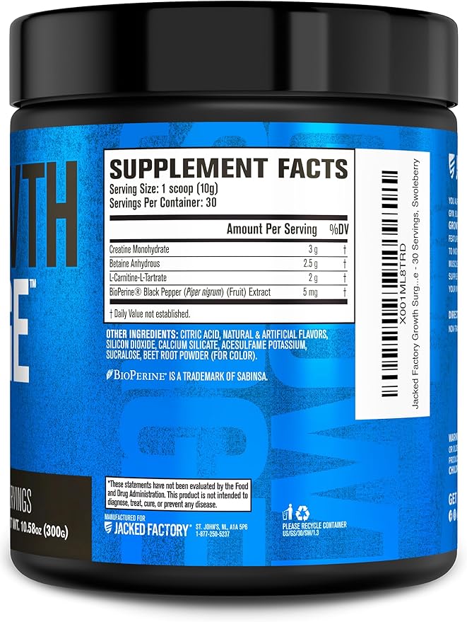 Jacked Factory Growth Surge Creatine Post Workout w/L-Carnitine - Daily Muscle Builder & Recovery Supplement with Creatine Monohydrate, Betaine, L-Carnitine L-Tartrate - 30 Servings, Swoleberry
