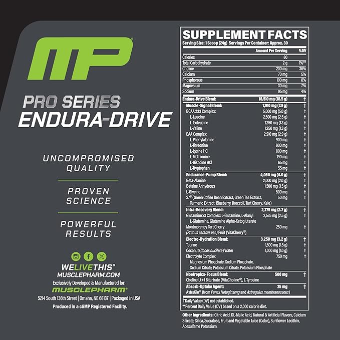 MusclePharm Pro Series ENDURA-DRIVE Pro-Grade Amino Acids Complex with Nootropics | Stim Free Intra Workout & Pre Workout Powder for Endurance & Recovery | Strawberry Watermelon, 1.6 lbs. 30 Servings