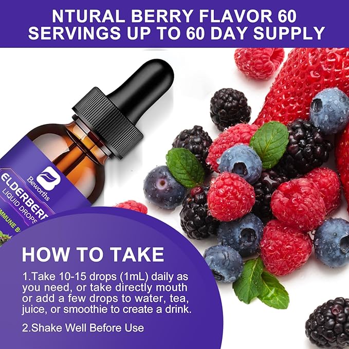 Elderberry Syrup | Organic Quercetin Black Elderberry Liquid Drops for Kids & Adults | Sambucus Elderberry Extract with Vitamin C, D3, Zinc | Vegan, Gluten Free, 2 Pack