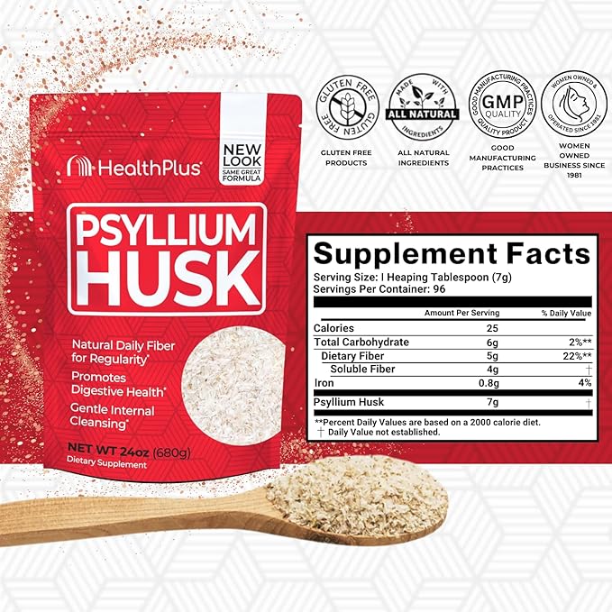 Health Plus, Psyllium Husk, 24 oz, 96 Servings - Natural Detox, Daily Dietary Fiber Supplement, Constipation Relief, Gentle Gut Cleanse, Keto Baking
