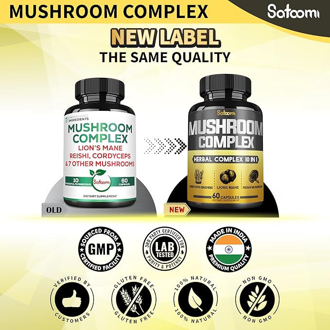 Satoomi 10in1 Mushroom Complex Supplements Capsules - 4 Month Supply - Blends with Lions Mane, Cordyceps, Reishi, Chaga, Maitake, Shitake & Others - 2 Packs 60 Capsules