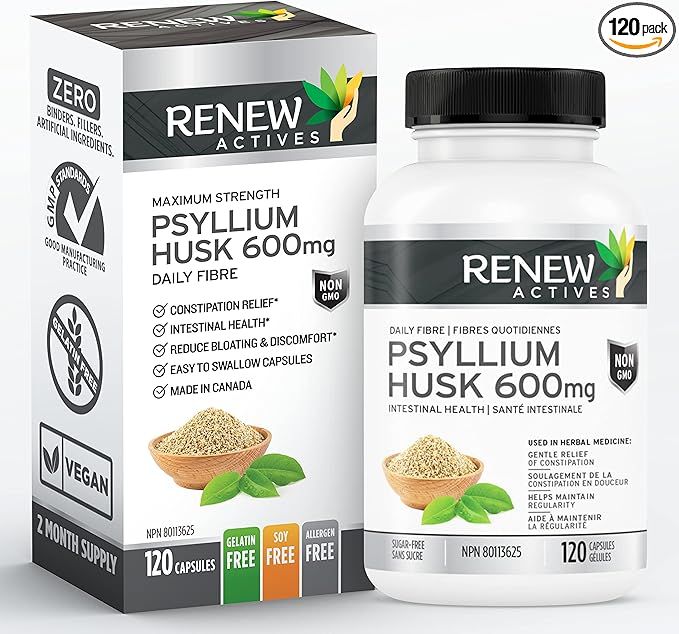 Renew Actives Psyllium Husk 1200MG per 2 Capsules – Bulk-Forming Laxative & Soluble Fiber for Digestive Health, Regularity & Adult Wellness – Pure Ingredients – Made in Canada – 120 Capsules