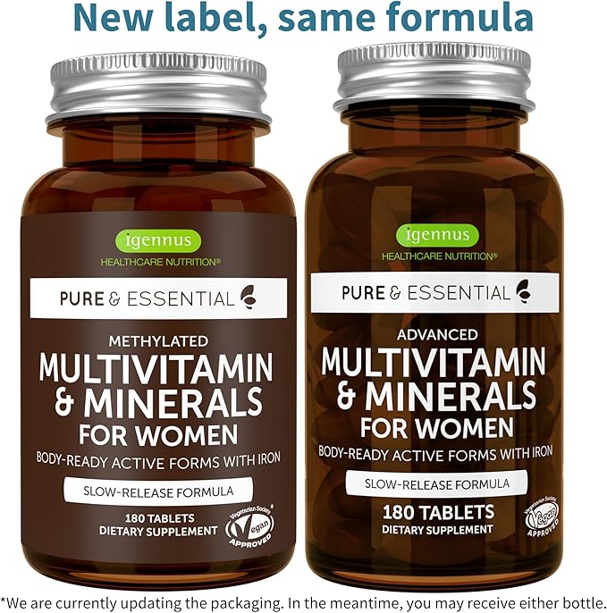 Igennus Methylated Women's Multivitamin, Methylated Folate for MTHFR, 21 Highly Bioavailable Nutrients, Clean Label & Sustained Release, with Iron, Non-GMO, Halal, 180 Vegan Tablets