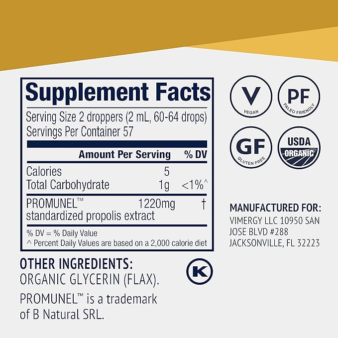 Vimergy PropolisPure® – Supports Immune and Respiratory Health* – Benefits Oral Health* – USDA Certified Organic, Kosher, Paleo-Friendly, Gluten-Free – 115 mL (57 Servings)