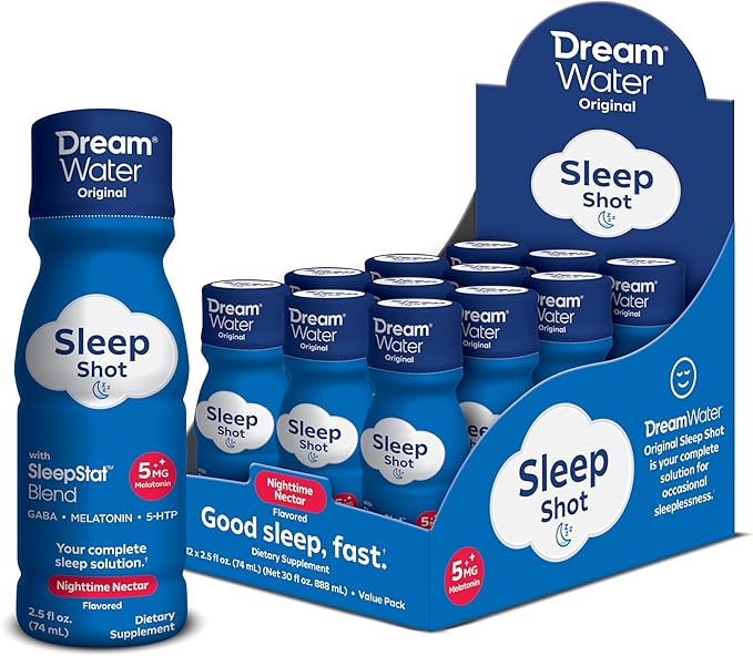 Dream Water Sleep Aid Supplement Drink; Melatonin 5mg, GABA, 5-HTP; Zero Sugar, Natural Flavors, No Added Colors, 2.5 oz Liquid Sleep Shots, Nighttime Nectar, 12-Count