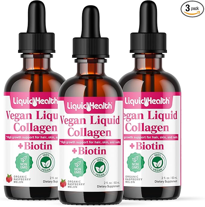 LIQUIDHEALTH 100% Vegan Collagen Plus Biotin 100,000mcg Liquid Drops - Plant-Based Liquid Collagen for Women & Men - Hair & Nail Growth, Skin Health, Boosts Metabolism - Made in USA, Non-GMO (3 Pack)