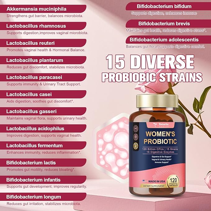 Probiotics for Women, 120 Billion Women Probiotic, Digestive Enzymes & Prebiotics, with Akkermansia, Cranberry, D-Mannose, for Gut, Vaginal, Urinary, Immune, PH Balance, 120 Vegan Capules
