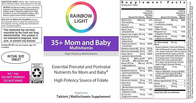 Rainbow Light 35+ Mom and Baby Multivitamin, Prenatal Vitamins Provide High-Potency Mom's Health and Baby's Development Support, With Folate and Iron, Vegetarian, 60 Count