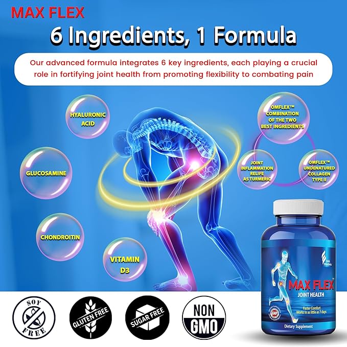 MAX FLEX UC-II, Collagen Supplement for Joint Health โ Advanced Joint Support Supplement with Glucosamine, Chondroitin, Joint Inflammatory Relief as Turmeric โ Gluten Free โ 60 Tablets, 2 Tablets/Day