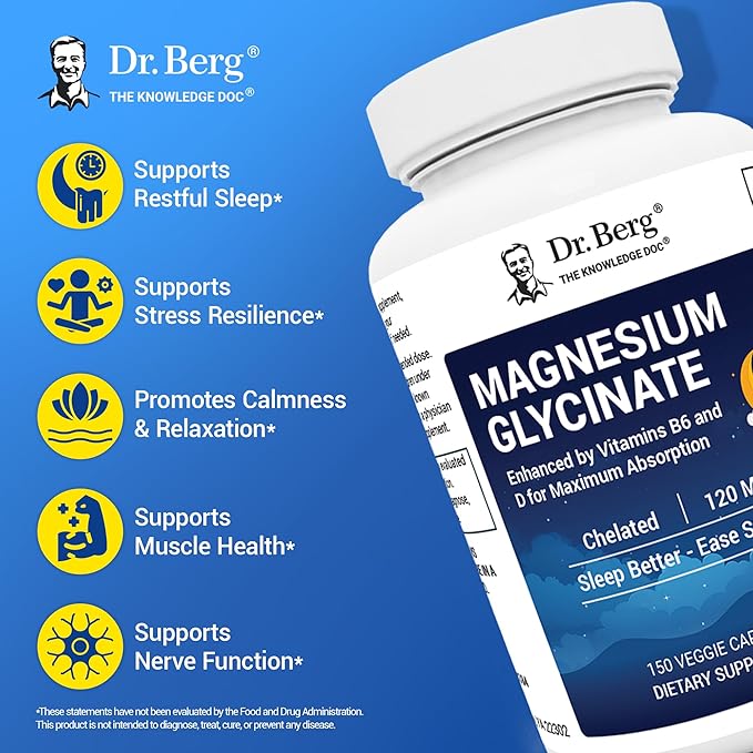 Dr. Berg Magnesium Glycinate with Vitamin D, B6 & Zinc for Stress Relief, Calm, Relaxation, & Good Sleep* - 120 mg Per Magnesium Supplement Capsule - Chelated Magnesium Glycinate - 150 Caps