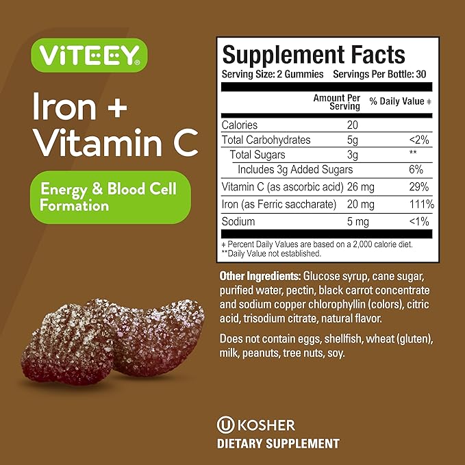VITEEY Iron Gummies 20mg + Vitamin C 26mg for Iron Deficiency and Anemia, Supports Energy, Blood Cell Formulation, Blood Builder, Vegan Supplements, Gluten Gelatin and GMO Free, Chewable Grape Chews