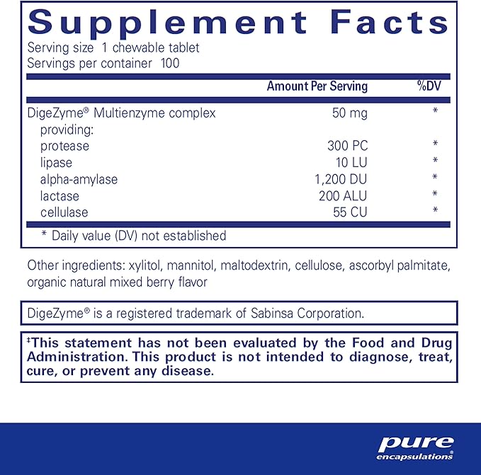 Pure Encapsulations Digestive Enzyme Chewables | Chewable Enzyme Blend to Support Protein, Carbohydrate, Fiber, and Dairy Digestion | 100 Chewable Tablets