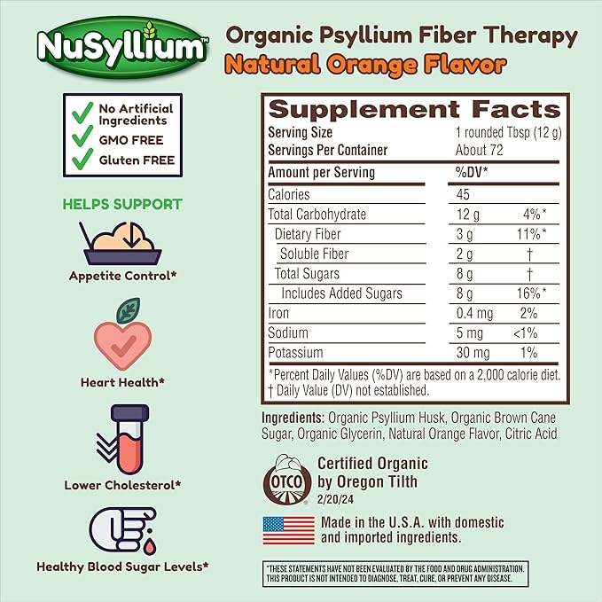 Psyllium Husk Powder, USDA Organic, 30.5 Oz, Dietary Fiber Supplement with Brown Sugar, Helps Digestive Health* Natural Orange, 72 Servings