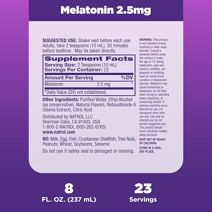 Natrol Liquid Melatonin 2.5 mg, Adult Melatonin Supplement to Fall Asleep Faster and Stay Asleep Longer, Wake Up Refreshed, 8 FL OZ Berry-Flavored Liquid, Up to a 23 Day Supply