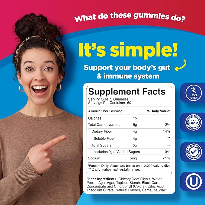 Fiber Gummies for Adults - Chicory Root Supplement with Prebiotic Support for Gut & Digestive Health - Soluble Digestion Capsules for Stomach Regulation & Immune Aid - Sugar Free & Vegan - 120 Count