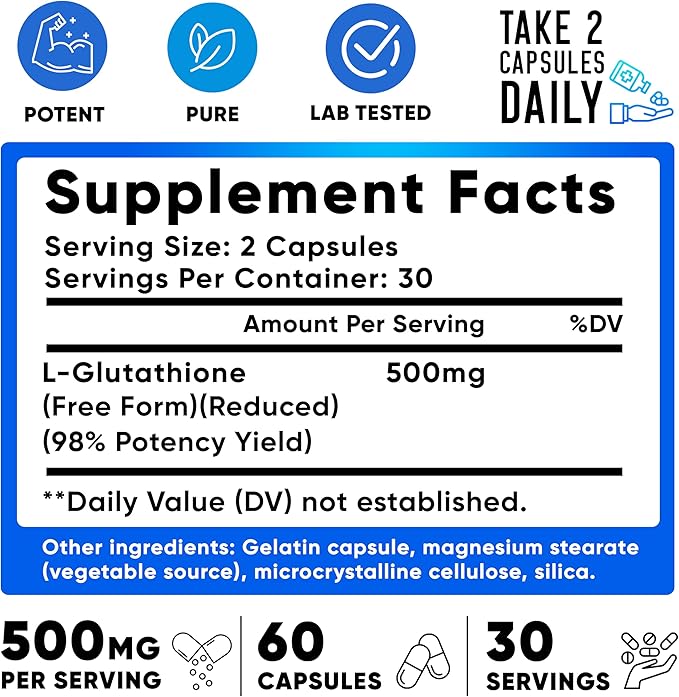 We Like Vitamins L Glutathione Supplement 500mg Per Serving | Manufactured in USA | 60 Glutathione Capsules | Highly Bioavailable Reduced Glutathione Supplement | Glutathione for Antioxidant