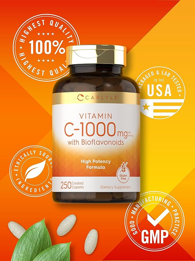 Carlyle Vitamin C 1000mg with Bioflavonoids | 250 Caplets | with Rose HIPS | Vegetarian, Non-GMO, Gluten Free Supplement