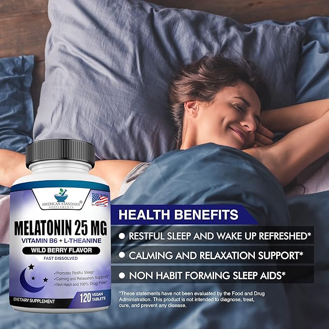 Melatonin 25mg Per One Tablet, 120 Chewable Tablet with L-Theanine & Vitamin B-6, Supports Healthy Sleep Cycle , Promotes Calming & Restful Sleep, Vegan, NON GMO, Made In USA