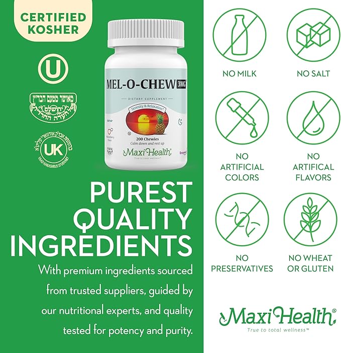 Maxi Health Extra-Strength Mel-O-Chew 3 MG Kosher Chewable Melatonin, Berry Flavor (200 Count)