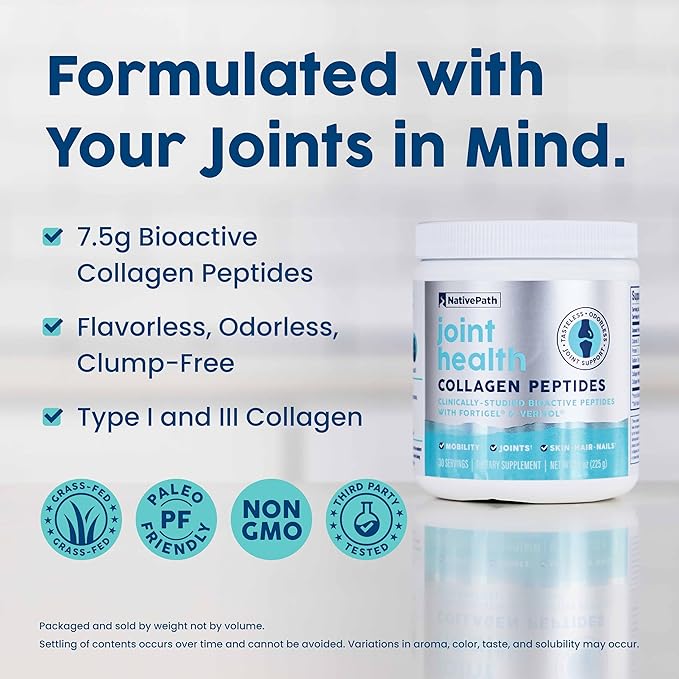 NativePath Joint Health Advanced Formula, Type 1 & 3 Peptides with Fortigel & Verisol, Grass-Fed Unflavored Collagen for Women & Men, 30 Servings