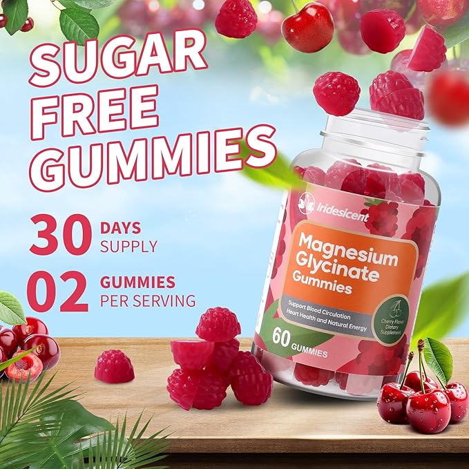Magnesium Glycinate Gummies 400mg, Sugar Free Magnesium Supplement w/Ashwagandha, Zinc, Vegan Magnesium Glycinate Supplement for Adults - 60 Cherry Gummies