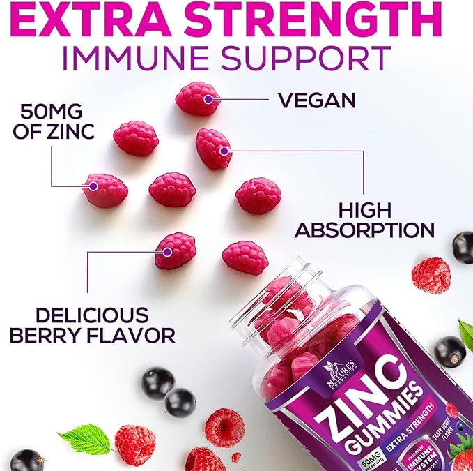 Zinc Gummies 50mg - Bone Skin & Immune Support Health Gummy & Premium Antioxidant Chewable for Adults - High Absorption Vegan, Gluten Free Zinc Supplements Vitamin - Tasty Berry Flavor - 60 Gummies