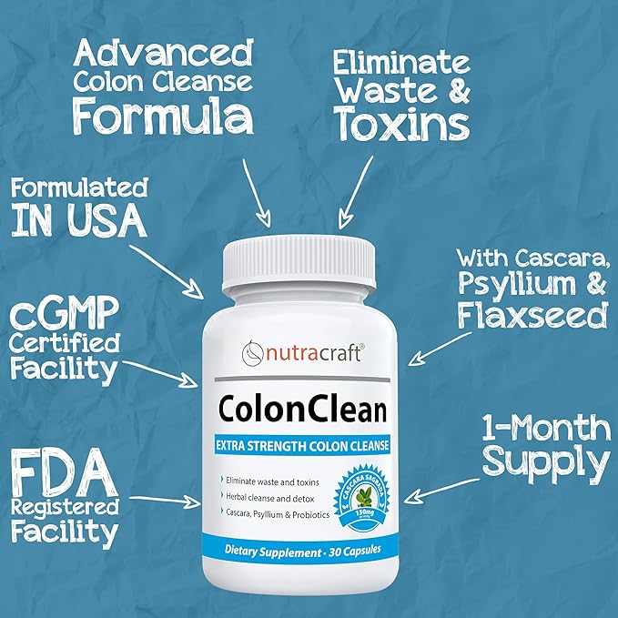 ColonClean #1 Colon Detox and Constipation Relief | Senna, Cascara Sagrada, Psyllium, MCT, Aloe and Probiotics | 30 Capsules