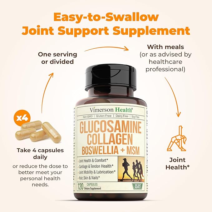 Vimerson Health Glucosamine Chondroitin MSM with Hydrolyzed Collagen Peptides - Joint Support Supplement with Quercetin, Bromelain & Boswellia Extract - Collagen Pills for Hair Skin Nails - 2 Pack