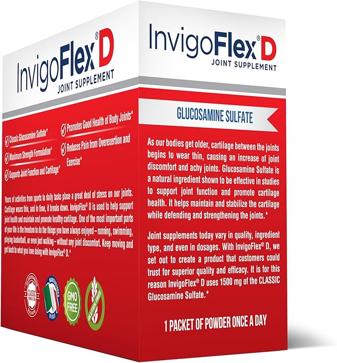 INVIGOFLEX 1500mg of Glucosamine Sulfate Powder (Classic Formulation) - Premium Joint Supplement for Knees, Hands, Back, and Hip Support D: Glucosamine Sulfate, Packets - 60 Packets