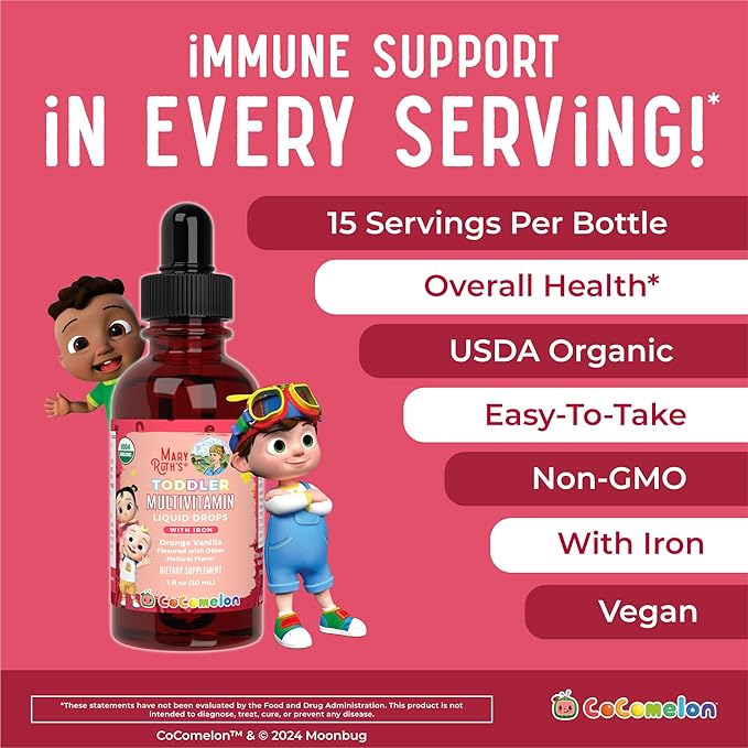 MaryRuth Organics CoComelon Toddler Kids Multivitamin with Iron | Immune Support | Toddler Vitamins | USDA Organic | Sugar Free | Multivitamin Liquid Drops for Kids Ages 1-3 | Vegan | 1 Fl Oz