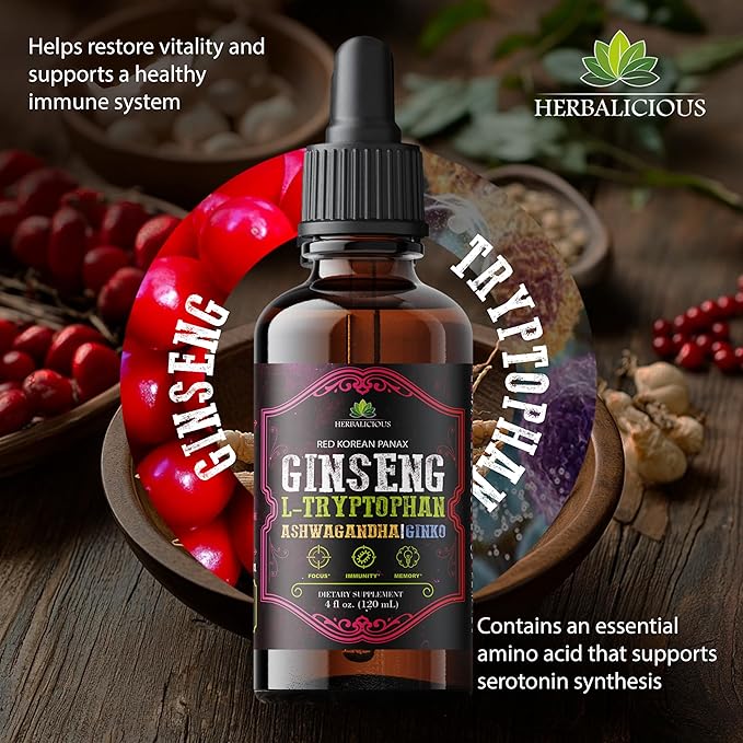 Ginseng L-Tryptophan Liquid - Ashwagandha, Ginkgo, Red Korean Panax - Drops Dietary Supplement Natural Stress Relief, Mood Booster, Sleep Aid & Calming Support - Non-GMO Vegetarian Formula (4 fl oz )