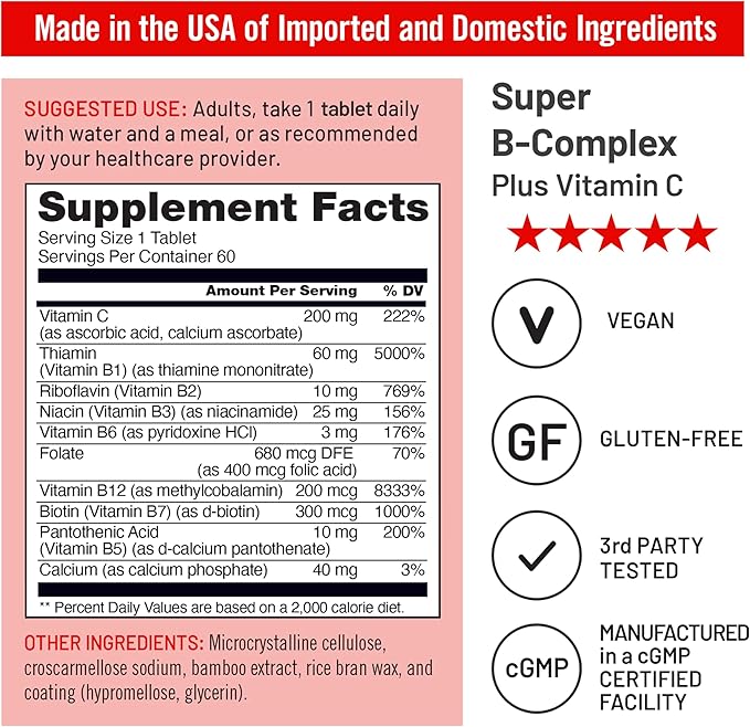 NatureWise Super Vitamin B Complex for Women and Men - with Vitamin C, Folic Acid Biotin B1 B2 B3 B6 B12 - Support Cellular Energy & Mental Clarity - Vegan, Gluten & Dairy Free, Non-GMO - 60 Tablets