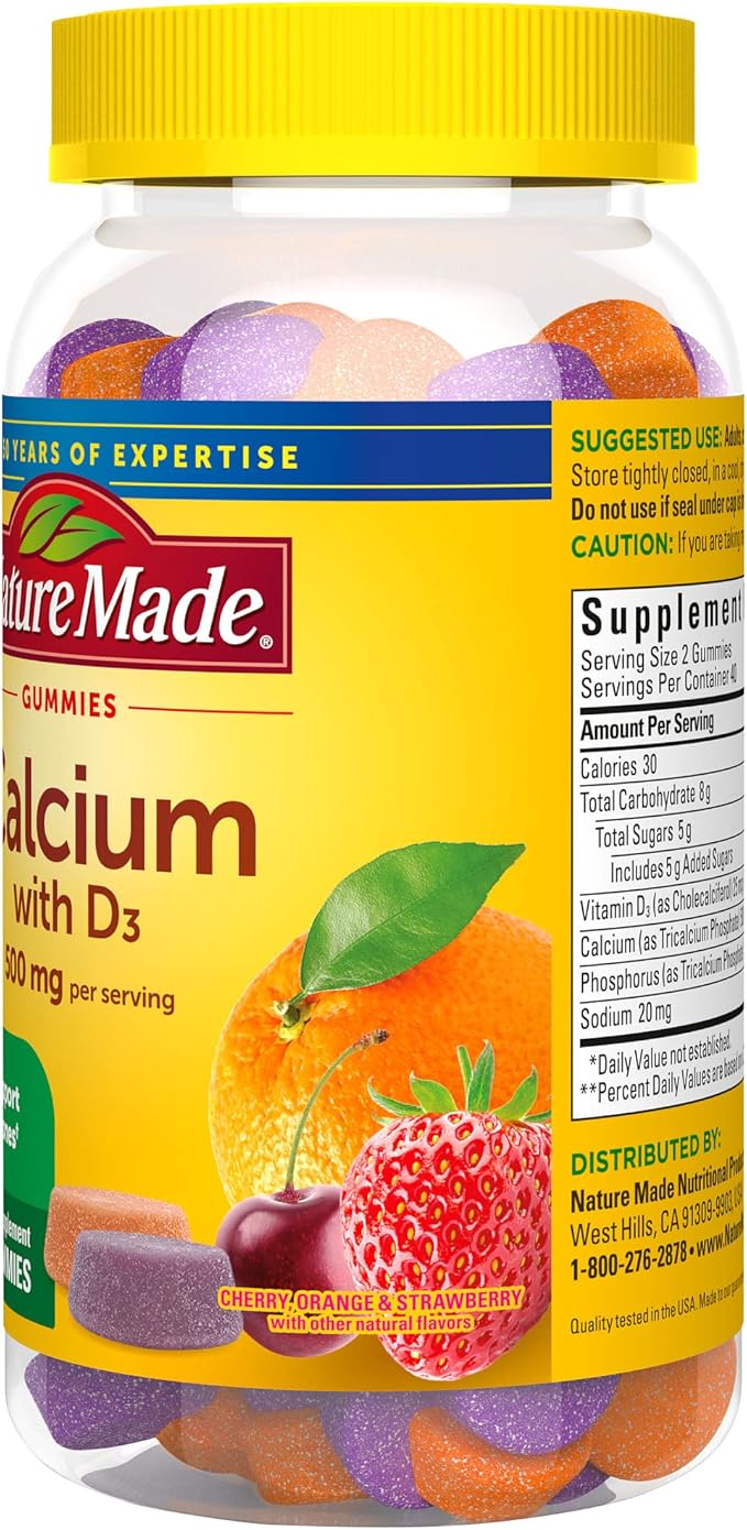 Nature Made Calcium Gummies 500 mg Per Serving with Vitamin D3, Dietary Supplement for Bone Support, 80 Gummies, 40 Day Supply (Pack of 3)