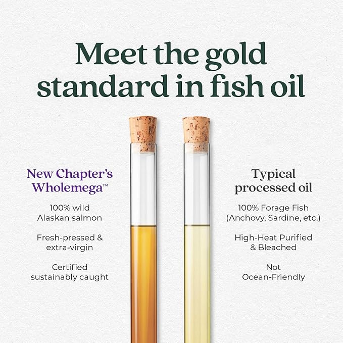 New Chapter Wholemega Fish Oil Supplement - Wild Alaskan Salmon Oil with Omega-3 + Vitamin D3 + Astaxanthin + Sustainably Caught - 90 ct Tiny Caps, 500mg Softgels