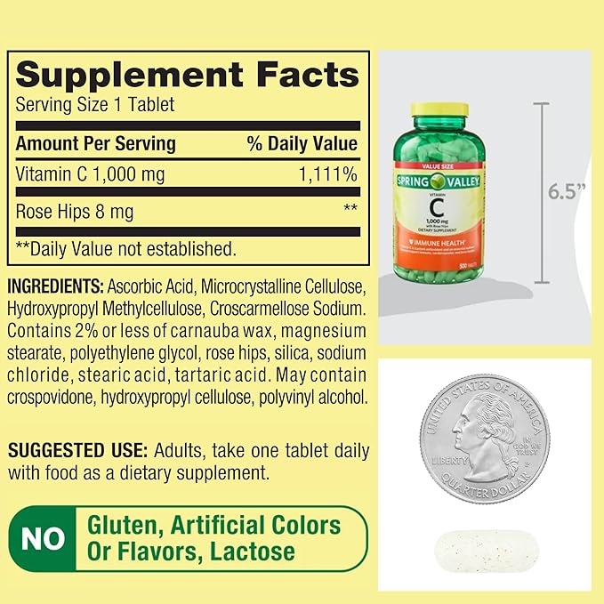 Spring Valley Vitamin C 1000mg with Rose HIPS Tablets Dietary Supplement, 500 Count, Antioxidant Protection* (Pack of 1)