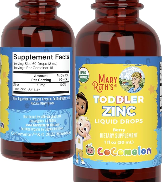 MaryRuth Organics Cocomelon Toddler Liquid Zinc | Sugar Free | USDA Organic | Kids Zinc Sulfate for Ages 1-3 | Immune Support Supplement for Children | Vegan | Non-GMO | Gluten Free | 1 Fl Oz